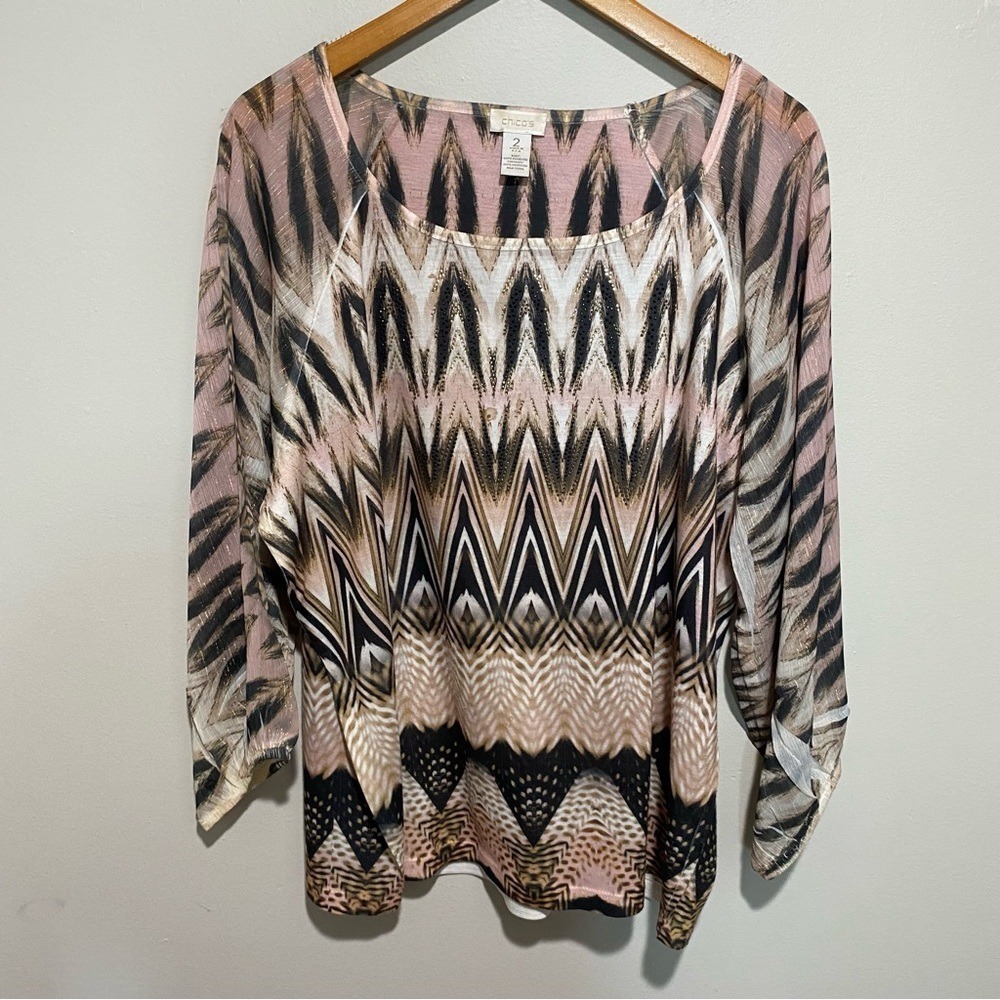 Chicos Pink Black Chevron Animal Print Rhinestone Blouse Top Size 2 3/4 Slv